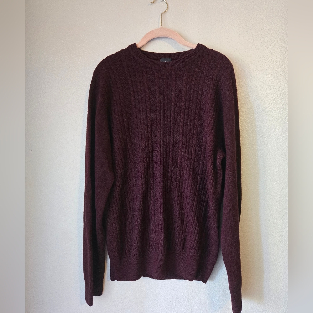 Women's Burgundy Cable Knit Sweater, Round Neck, Size M